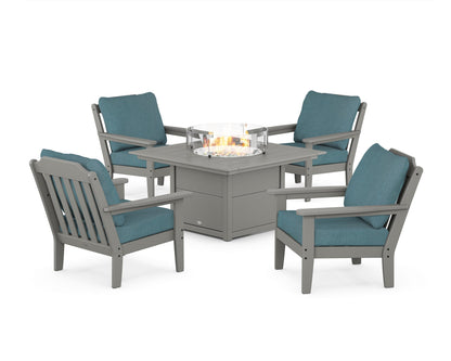 Country Living Cottage 5-Piece Deep Seating Set with Fire Pit Table in Slate Grey / Ocean Teal