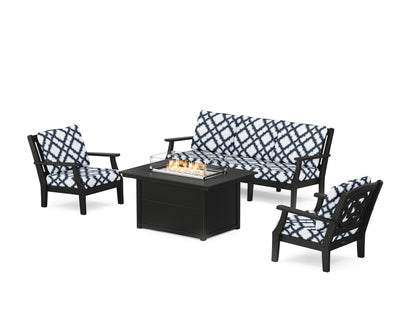 Martha Stewart by POLYWOOD® Chinoiserie Deep Seating Fire Pit Table Set in Black / Trellis Marine Indigo