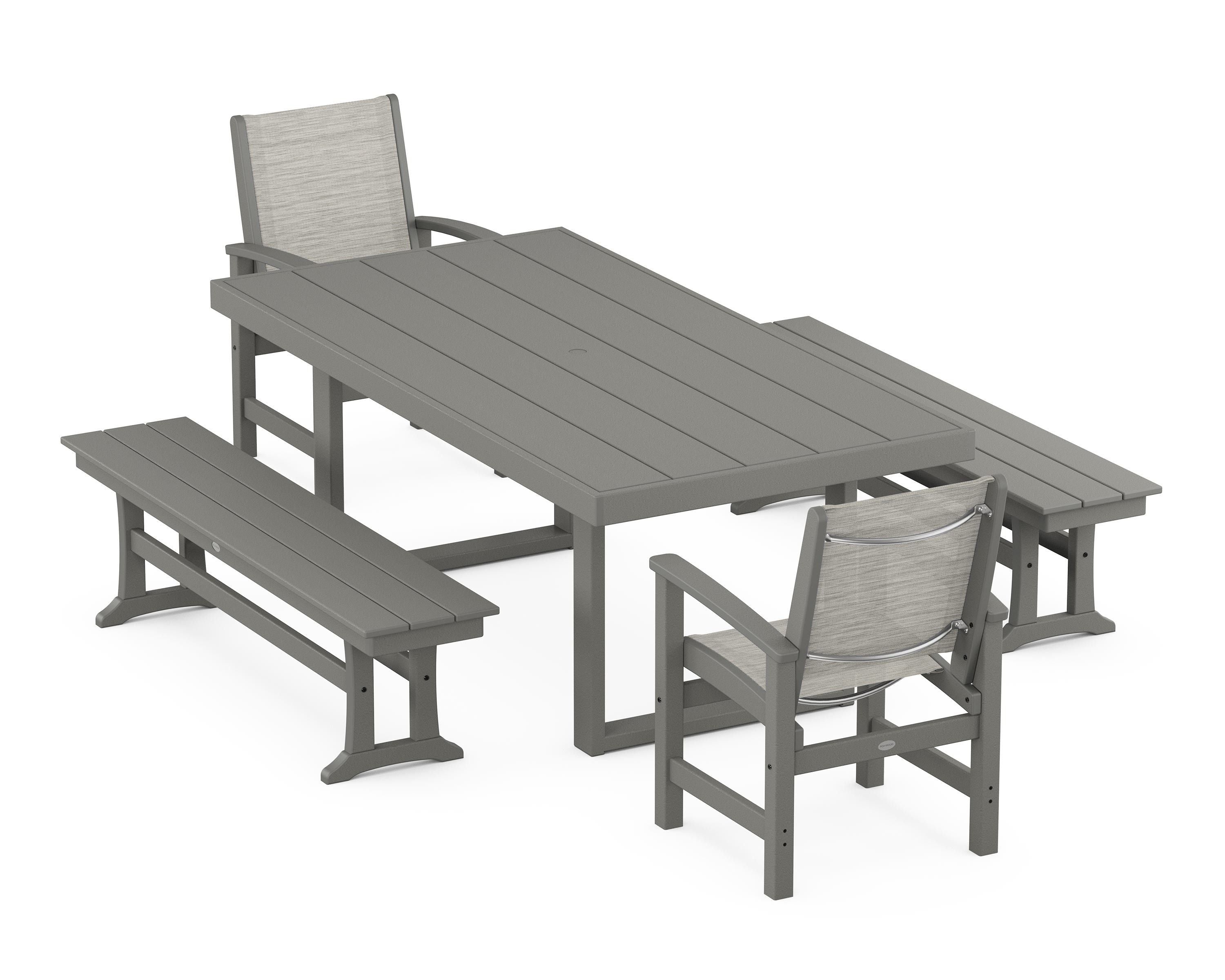POLYWOOD® Coastal 5-Piece Dining Set with Trestle Legs in Slate Grey / Birch Sling