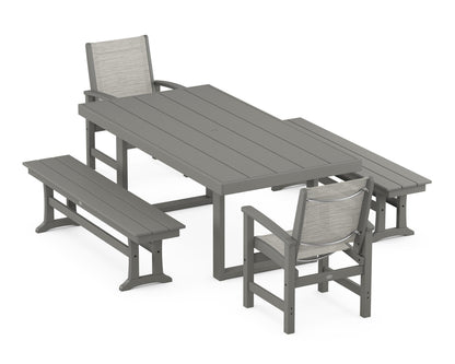 POLYWOOD® Coastal 5-Piece Dining Set with Trestle Legs in Slate Grey / Birch Sling
