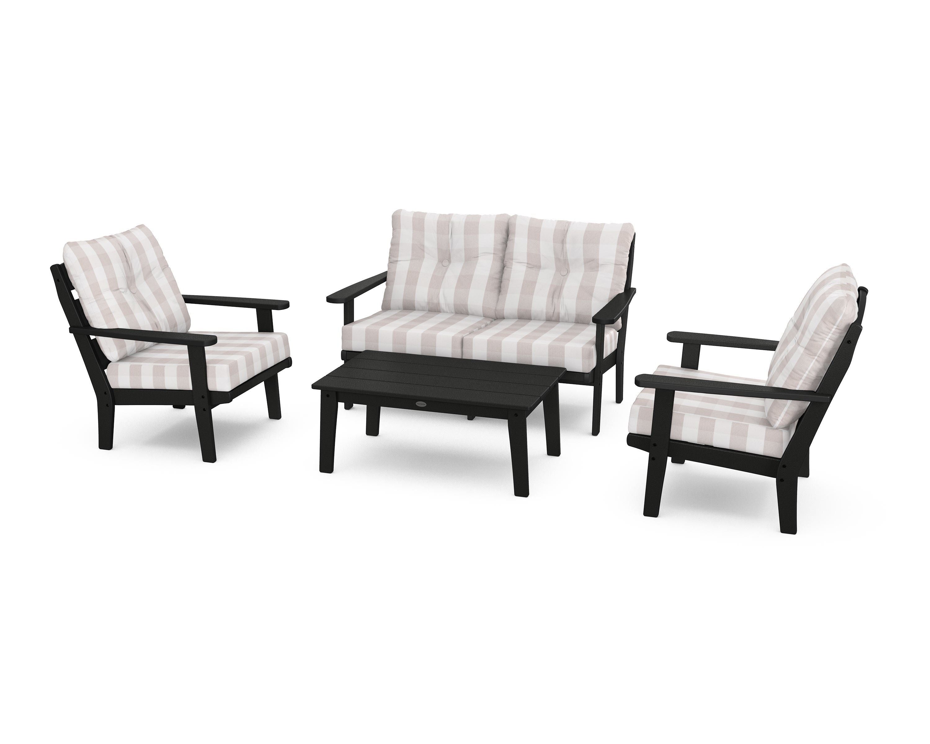 POLYWOOD® Lakeside 4-Piece Deep Seating Set in Black / Buffalo Plaid Dune Burlap