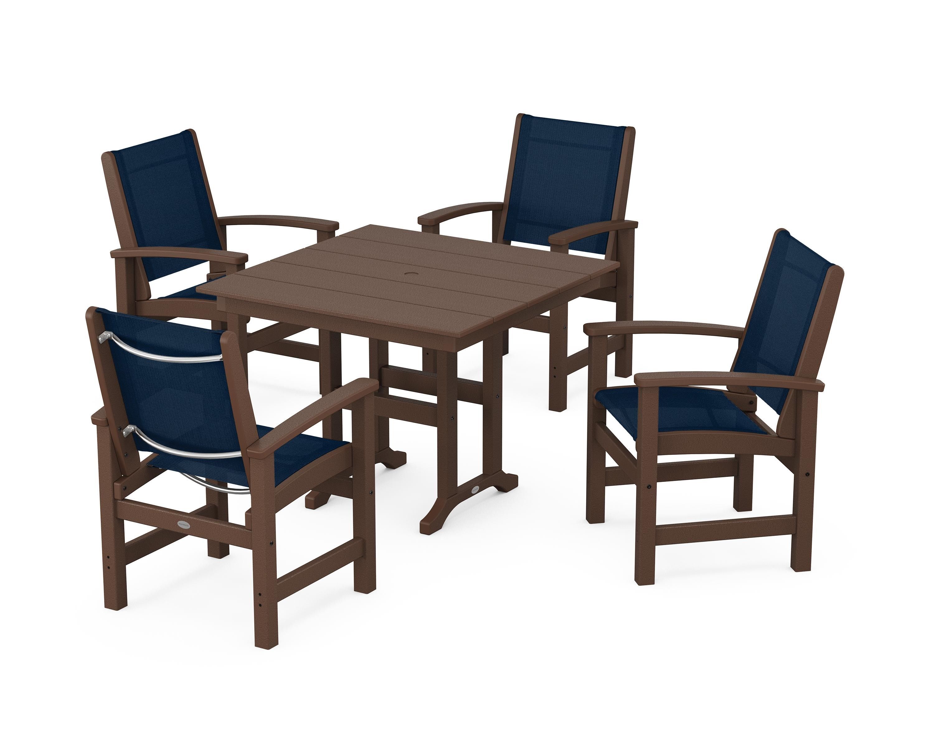 POLYWOOD® Coastal 5-Piece Farmhouse Dining Set in Mahogany / Navy Blue Sling