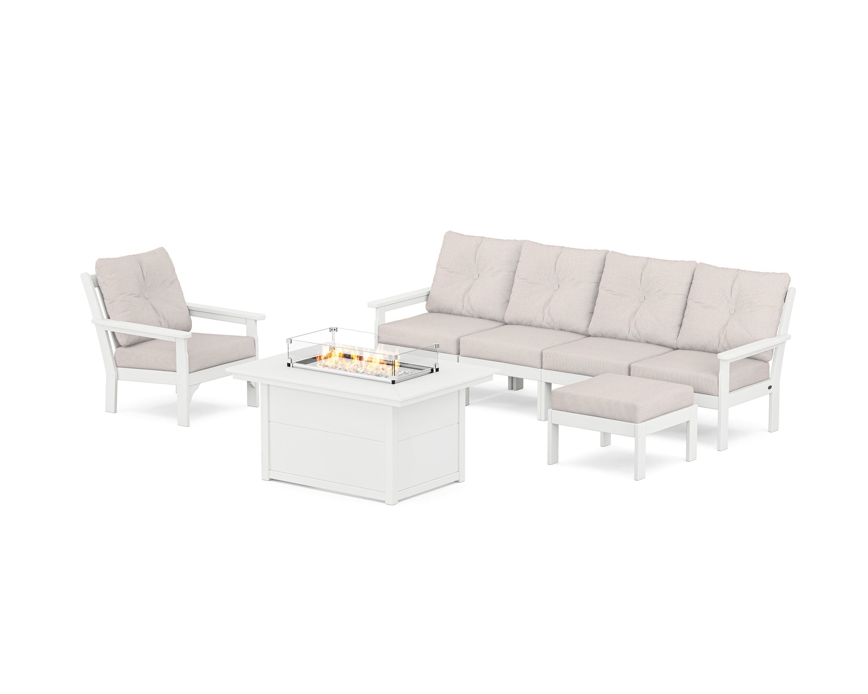 POLYWOOD® Vineyard Sectional Lounge and Fire Pit Set in White / Dune Burlap