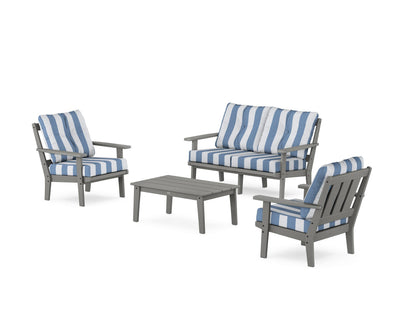 POLYWOOD® Oxford 4-Piece Deep Seating Set with Loveseat in Slate Grey / Cabana Stripe Sky Blue