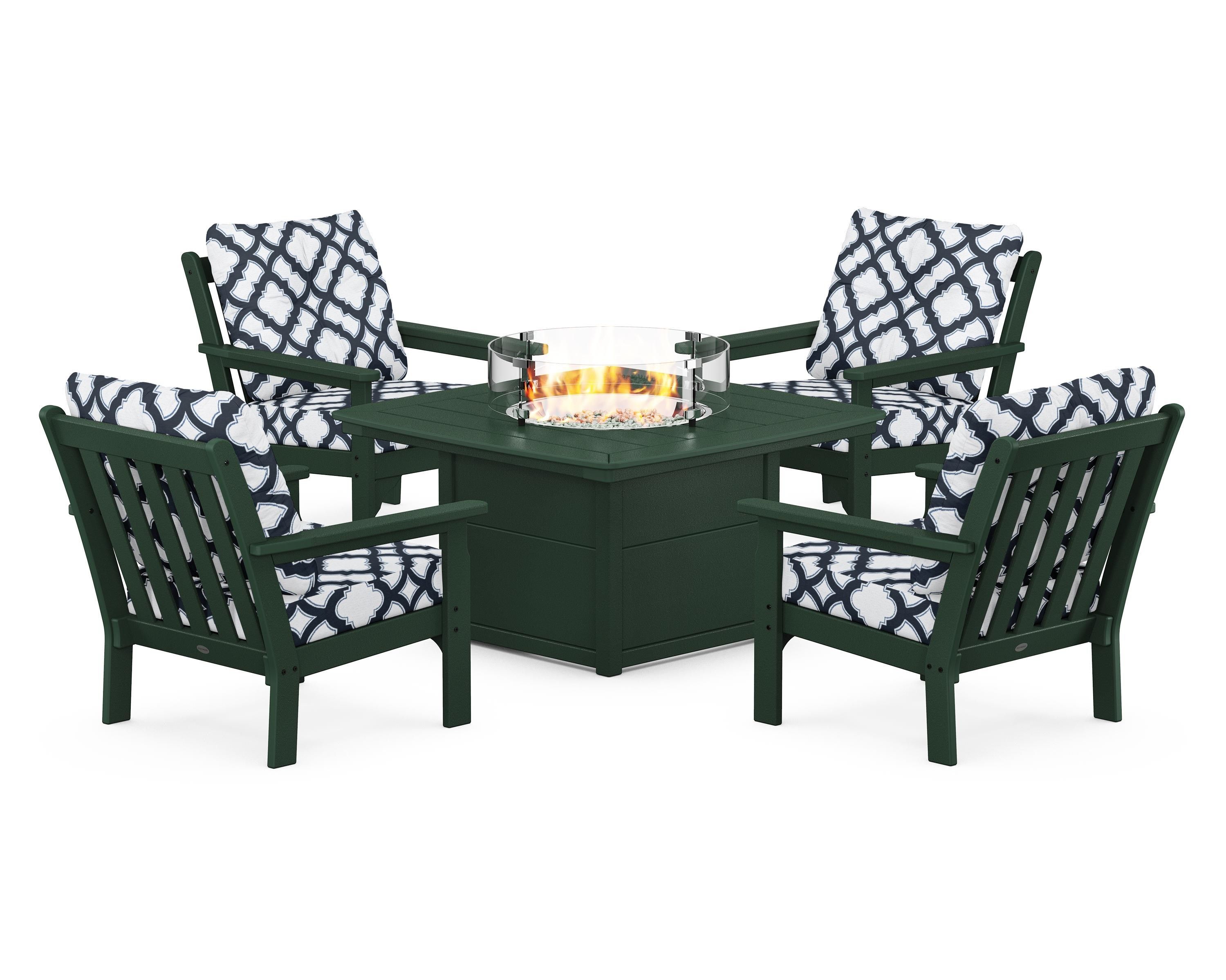 POLYWOOD® Vineyard 5-Piece Conversation Set with Fire Pit Table in Green / Trellis Marine Indigo