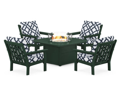 POLYWOOD® Vineyard 5-Piece Conversation Set with Fire Pit Table in Green / Trellis Marine Indigo