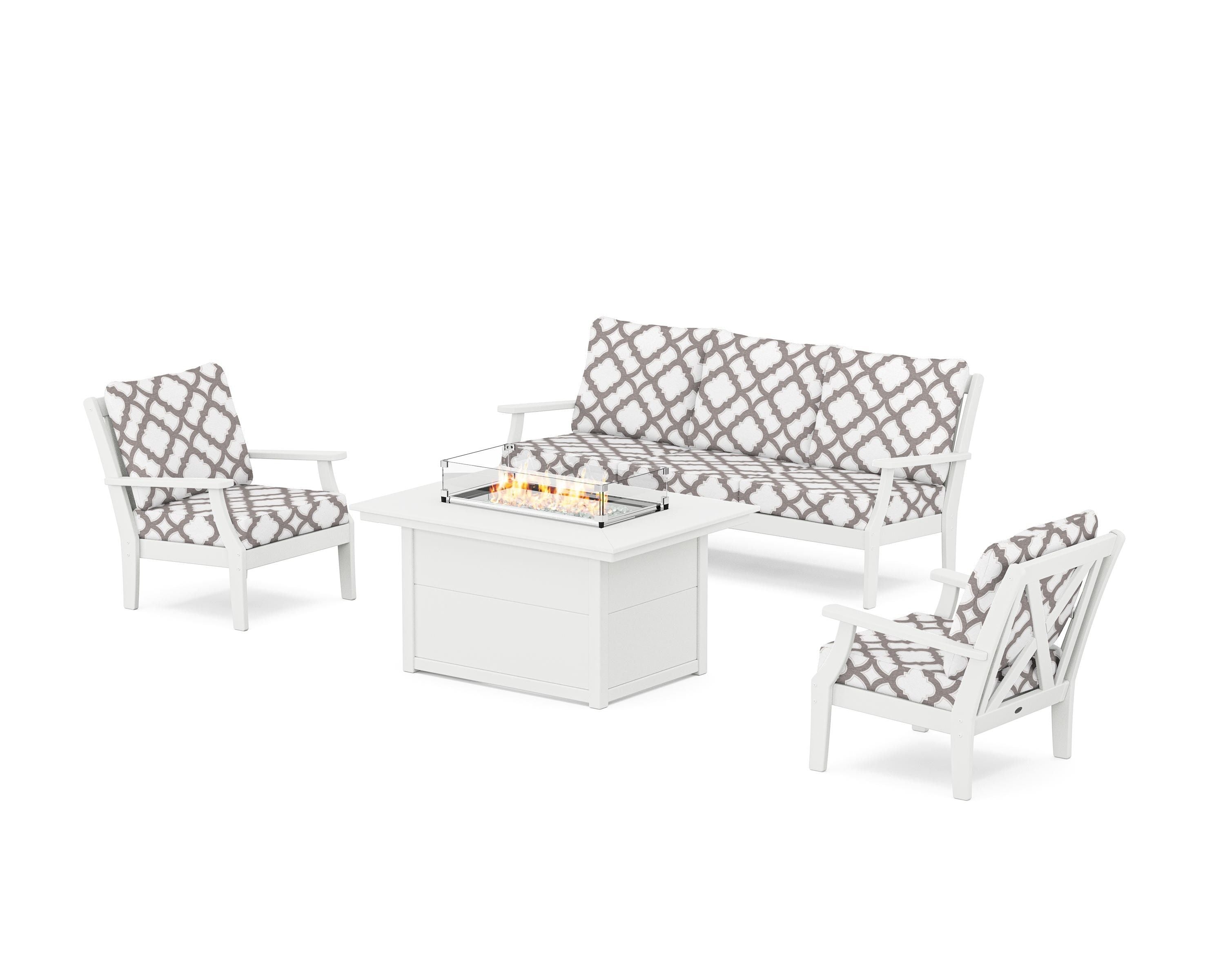 POLYWOOD® Braxton Deep Seating Fire Pit Table Set in White / Trellis Grey Mist