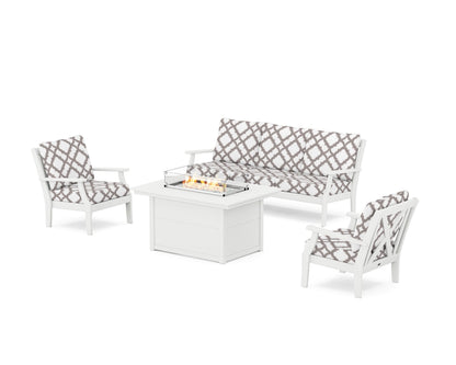 POLYWOOD® Braxton Deep Seating Fire Pit Table Set in White / Trellis Grey Mist