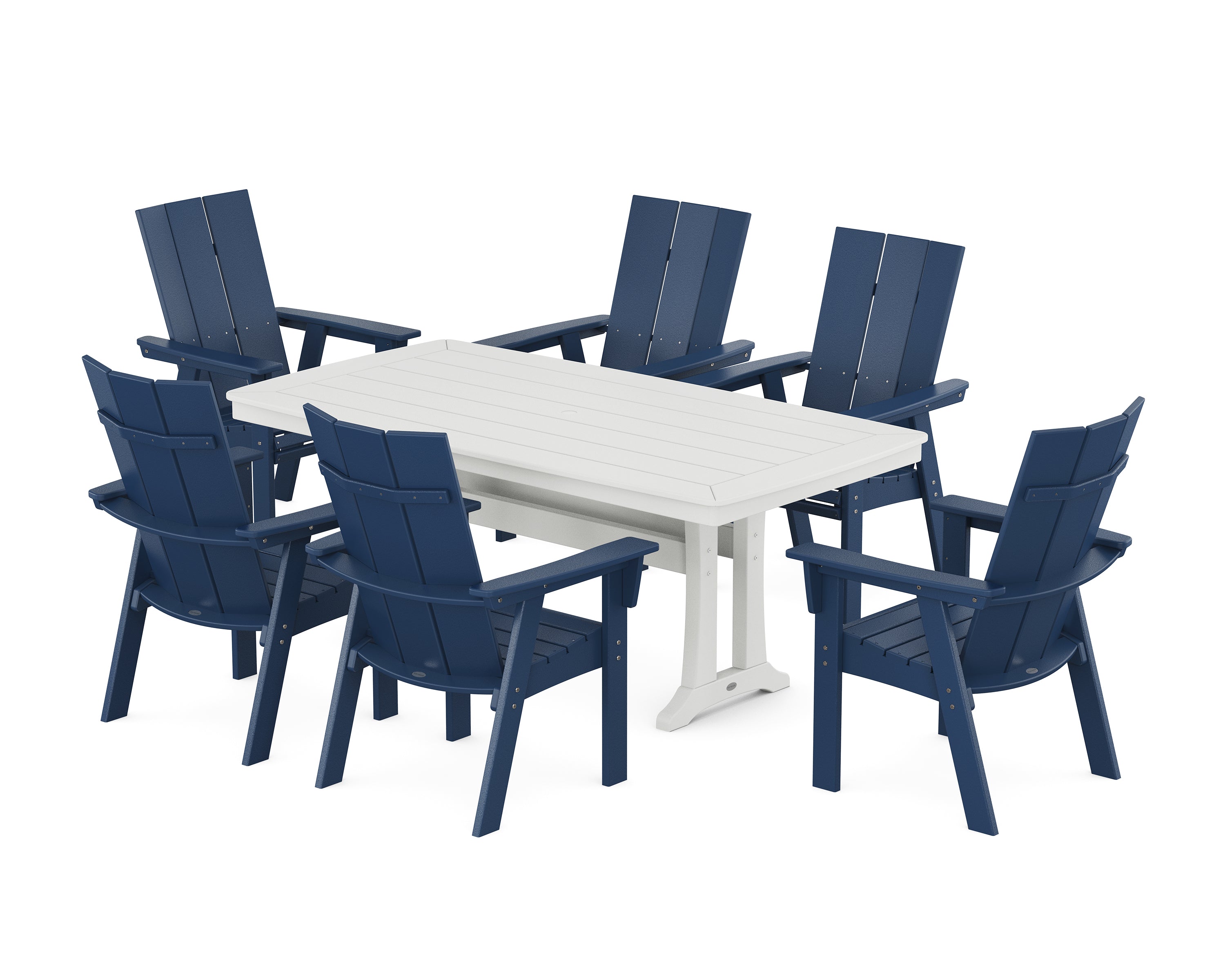 POLYWOOD® Modern Curveback Adirondack 7-Piece Dining Set with Trestle Legs in Navy / White