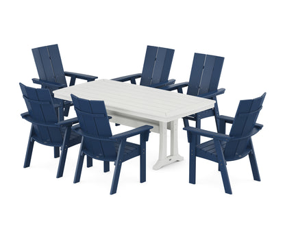 POLYWOOD® Modern Curveback Adirondack 7-Piece Dining Set with Trestle Legs in Navy / White