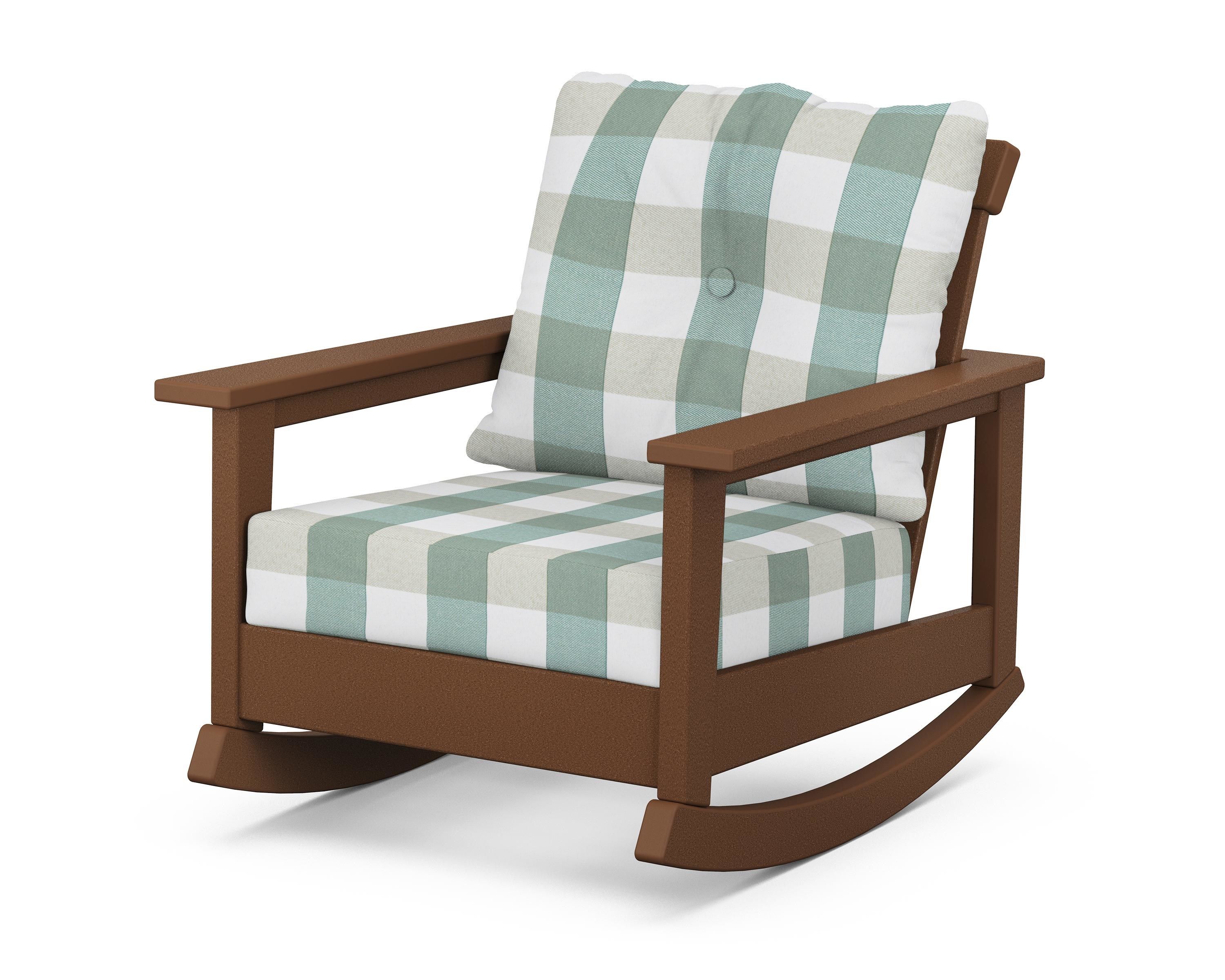 POLYWOOD® Prescott Deep Seating Rocking Chair in Teak / Buffalo Plaid Glacier Spa