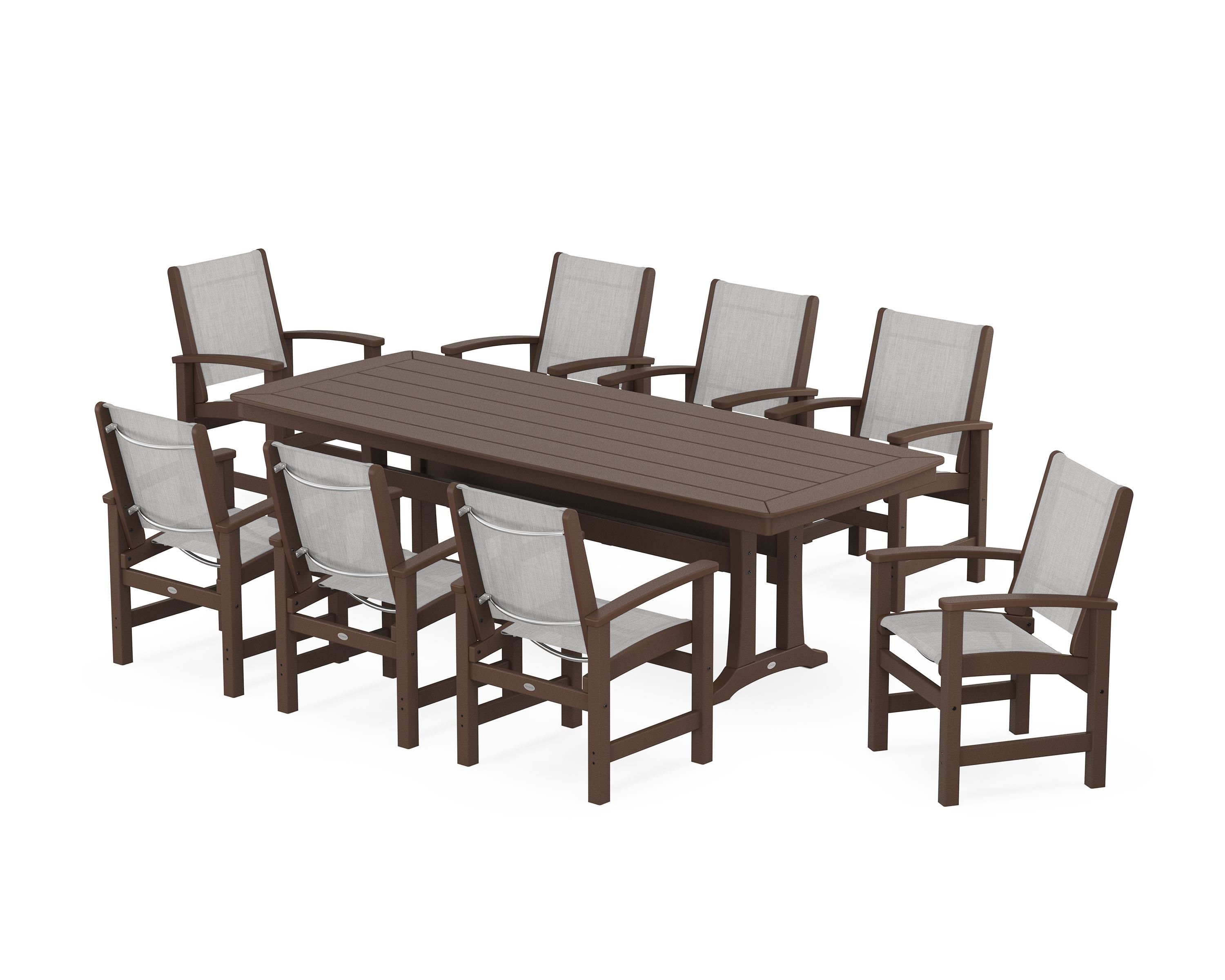 POLYWOOD® Coastal 9-Piece Dining Set with Trestle Legs in Mahogany / Parchment Sling