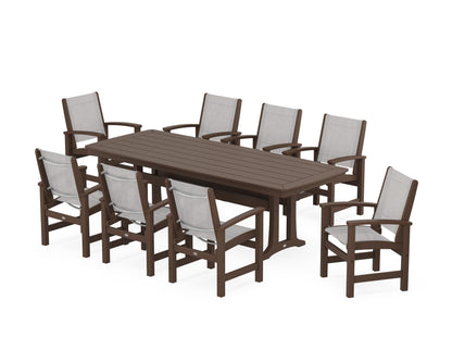 POLYWOOD® Coastal 9-Piece Dining Set with Trestle Legs in Mahogany / Parchment Sling