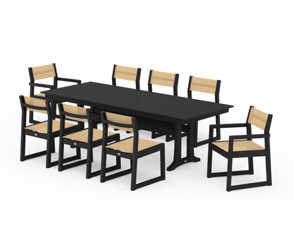 POLYWOOD® EDGE Sling 9-Piece Farmhouse Trestle Dining Set in Black / Dupioni Apricot Sling