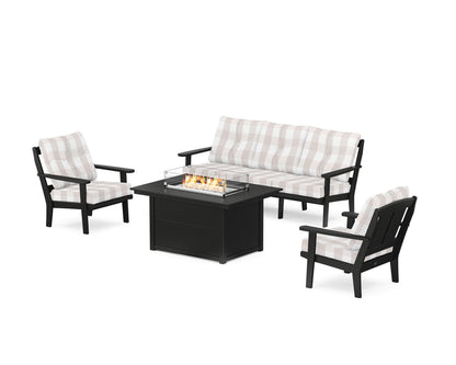POLYWOOD® Mission Deep Seating Fire Pit Table Set in Black / Buffalo Plaid Dune Burlap