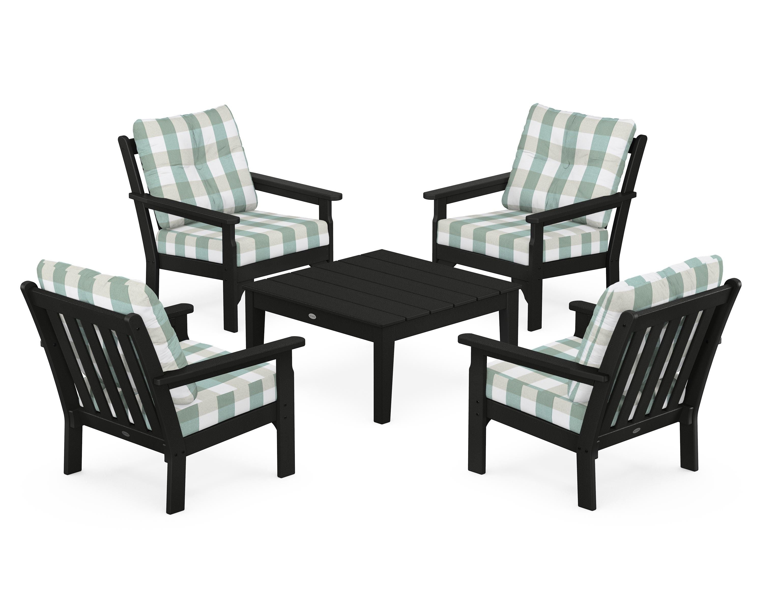 POLYWOOD® Vineyard 5-Piece Deep Seating Conversation Set in Black / Buffalo Plaid Glacier Spa