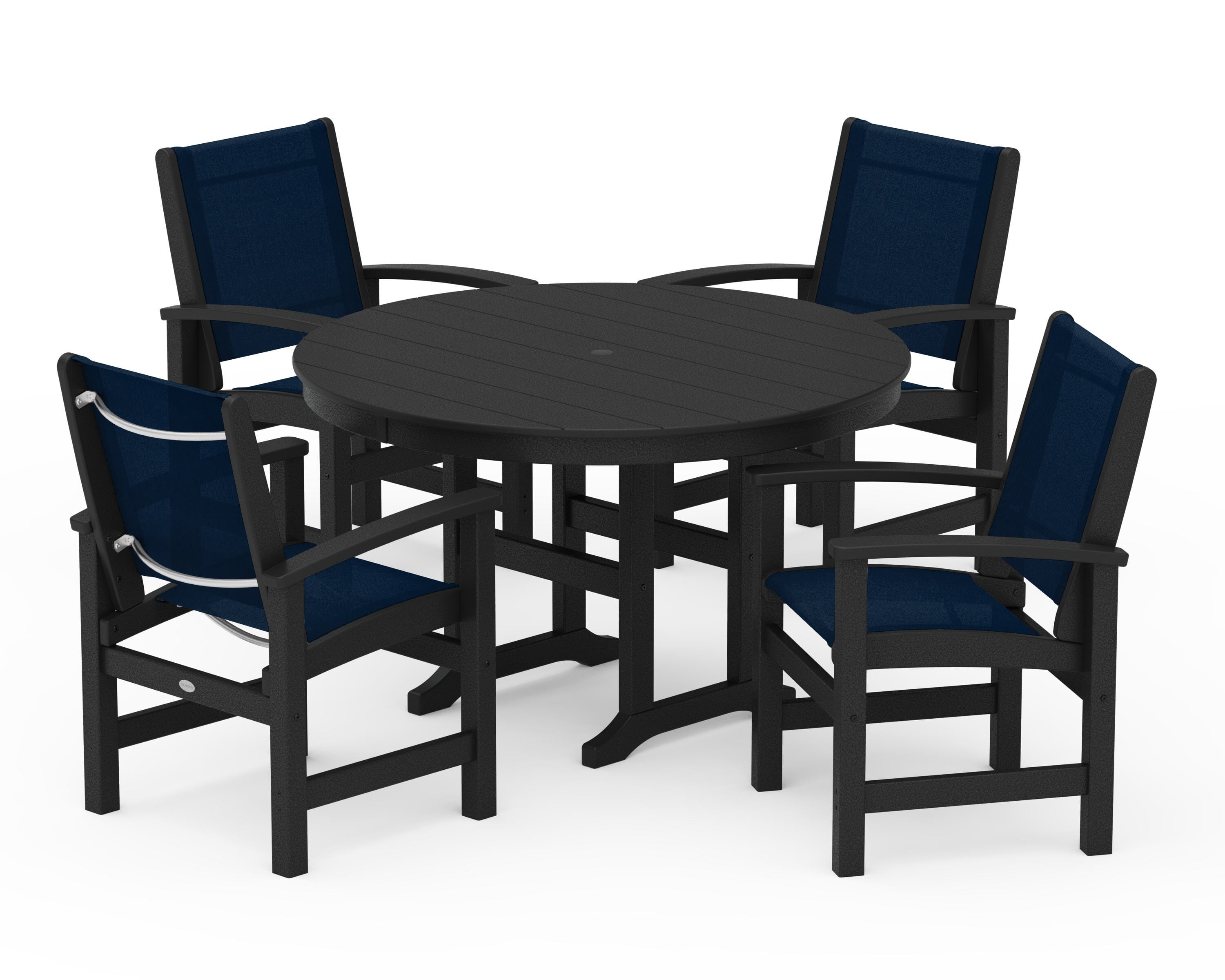 POLYWOOD® Coastal 5-Piece Round Farmhouse Dining Set in Black / Navy Blue Sling