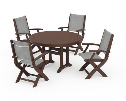 POLYWOOD® Coastal Folding Chair 5-Piece Round Dining Set with Trestle Legs in Mahogany / Metallic Sling