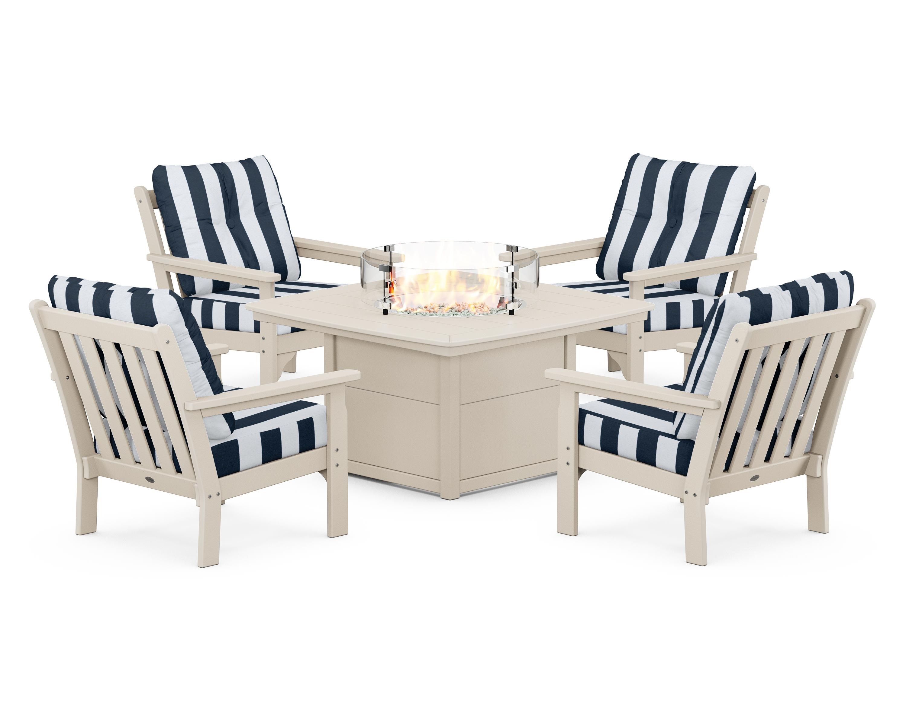 POLYWOOD® Vineyard 5-Piece Conversation Set with Fire Pit Table in Sand / Cabana Stripe Marine Indigo