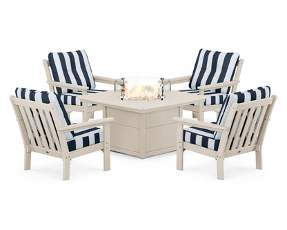 POLYWOOD® Vineyard 5-Piece Conversation Set with Fire Pit Table in Sand / Cabana Stripe Marine Indigo