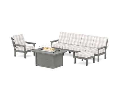 POLYWOOD® Vineyard Sectional Lounge and Fire Pit Set in Slate Grey / Buffalo Plaid Dune Burlap