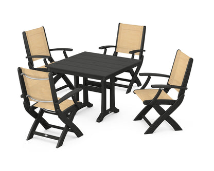 POLYWOOD® Coastal Folding Chair 5-Piece Farmhouse Dining Set With Trestle Legs in Black / Dupioni Apricot Sling