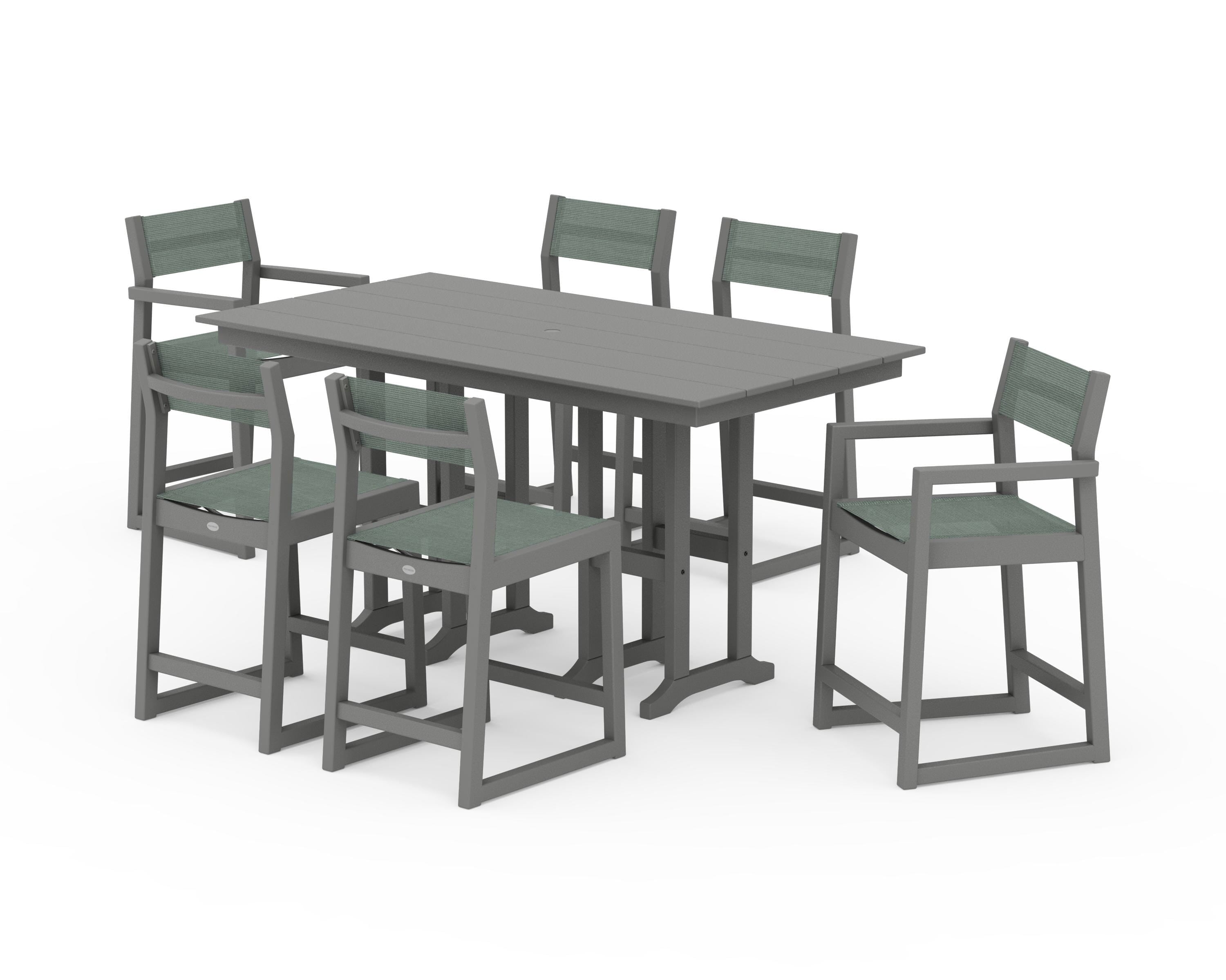 POLYWOOD® EDGE Sling 7-Piece Farmhouse Counter Set in Slate Grey / Dupioni Sea Mist Sling