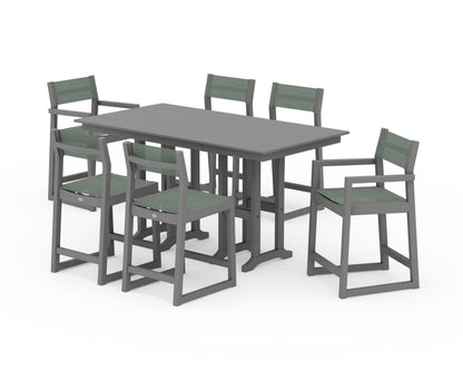 POLYWOOD® EDGE Sling 7-Piece Farmhouse Counter Set in Slate Grey / Dupioni Sea Mist Sling