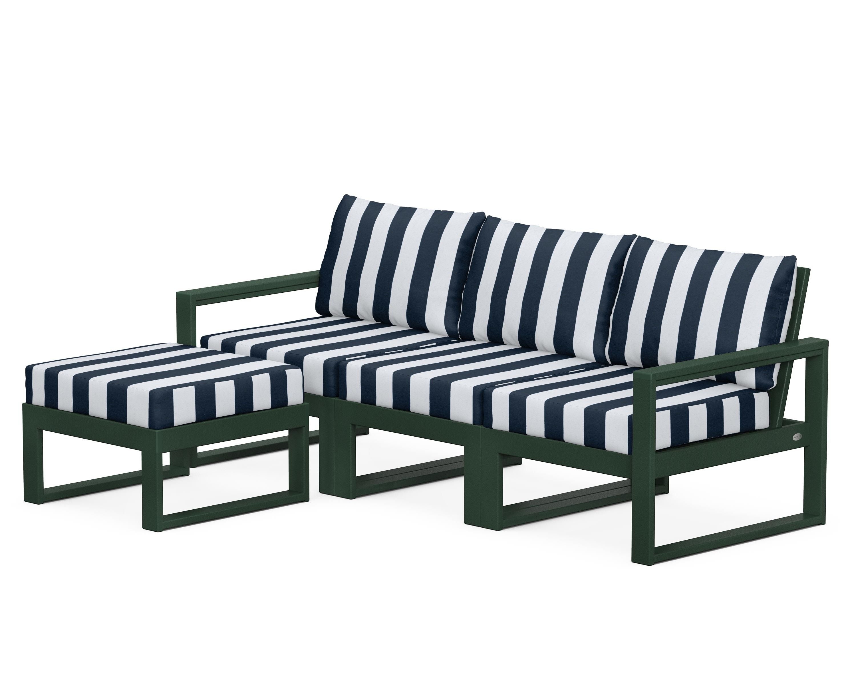 POLYWOOD® EDGE 4-Piece Modular Deep Seating Set with Ottoman in Green / Cabana Stripe Marine Indigo