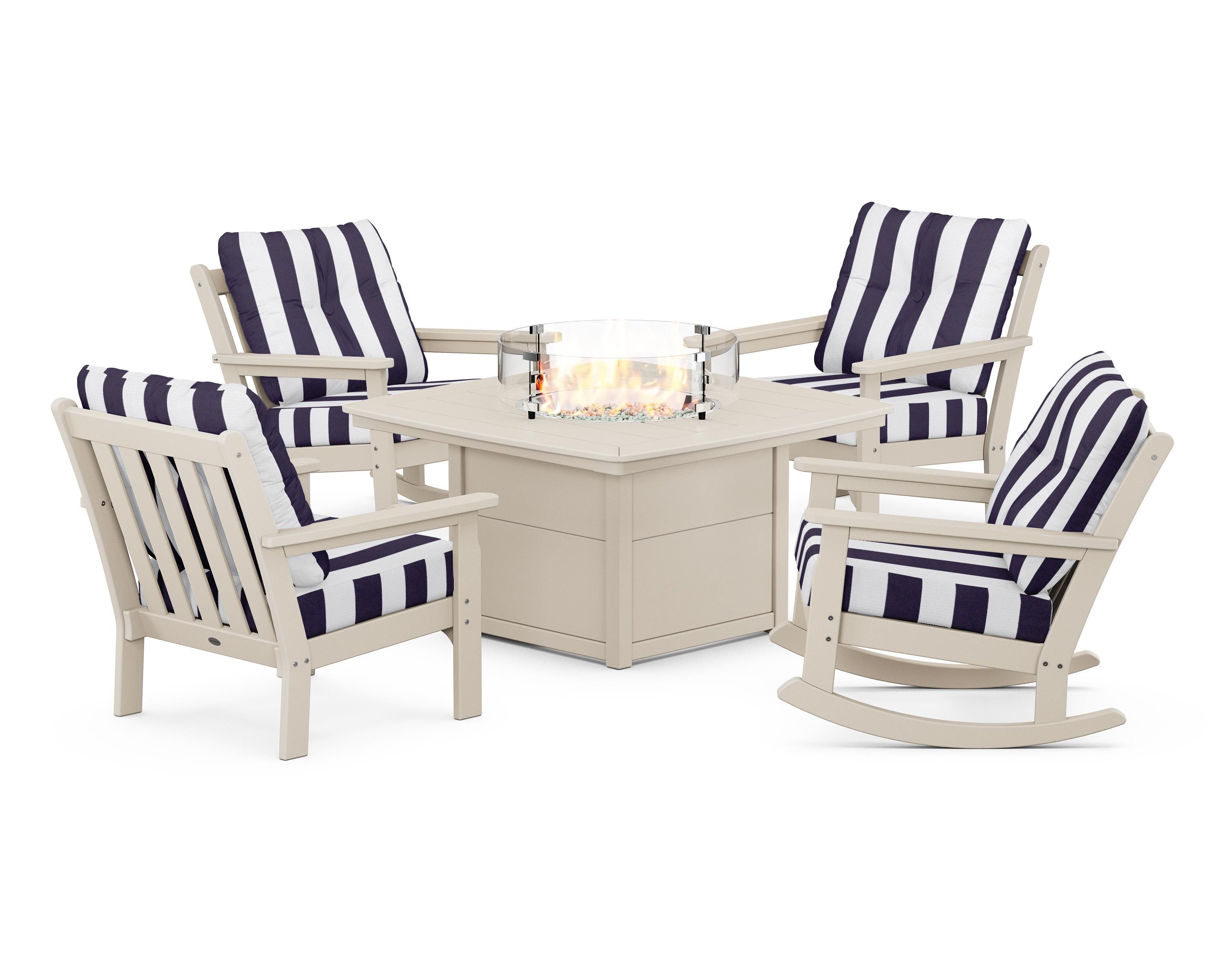 POLYWOOD® Vineyard 5-Piece Deep Seating Rocking Chair Conversation Set with Fire Pit Table in Sand / Cabana Stripe Navy