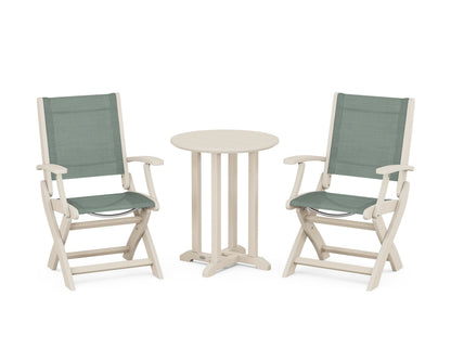 POLYWOOD® Coastal Folding 3-Piece Round Bistro Dining Set in Sand / Dupioni Sea Mist Sling