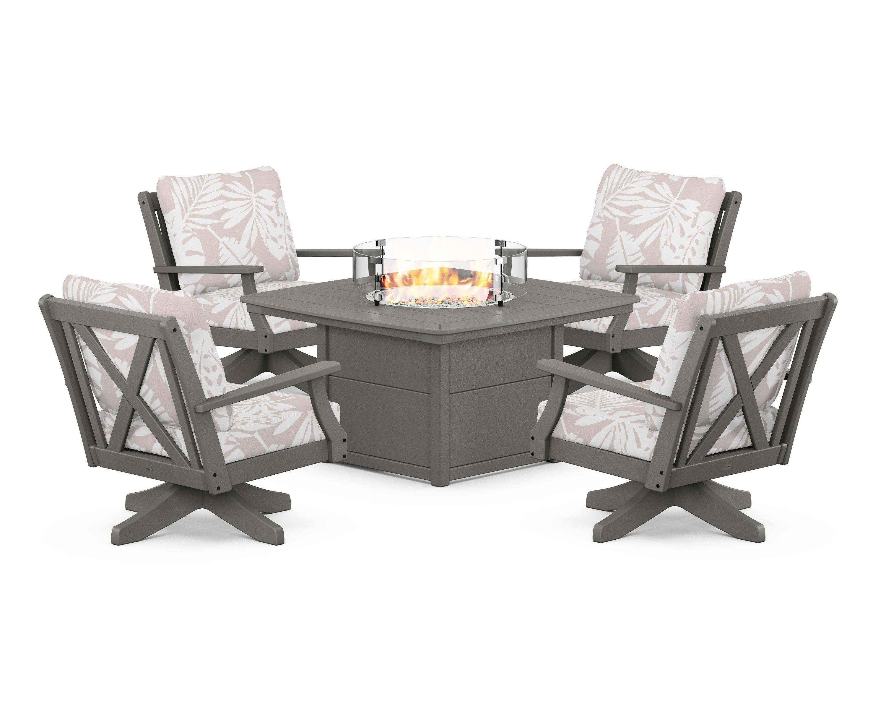 POLYWOOD® Braxton 5-Piece Deep Seating Swivel Conversation Set with Fire Pit Table in Slate Grey / Leaf Dune Burlap