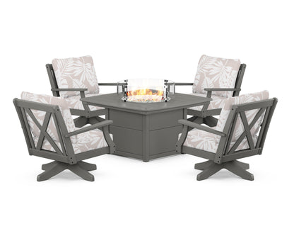POLYWOOD® Braxton 5-Piece Deep Seating Swivel Conversation Set with Fire Pit Table in Slate Grey / Leaf Dune Burlap
