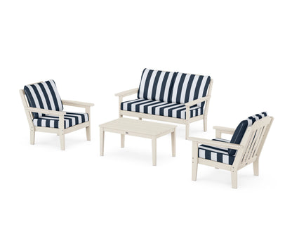 Country Living Cottage 4-Piece Deep Seating Set with Loveseat in Sand / Cabana Stripe Marine Indigo