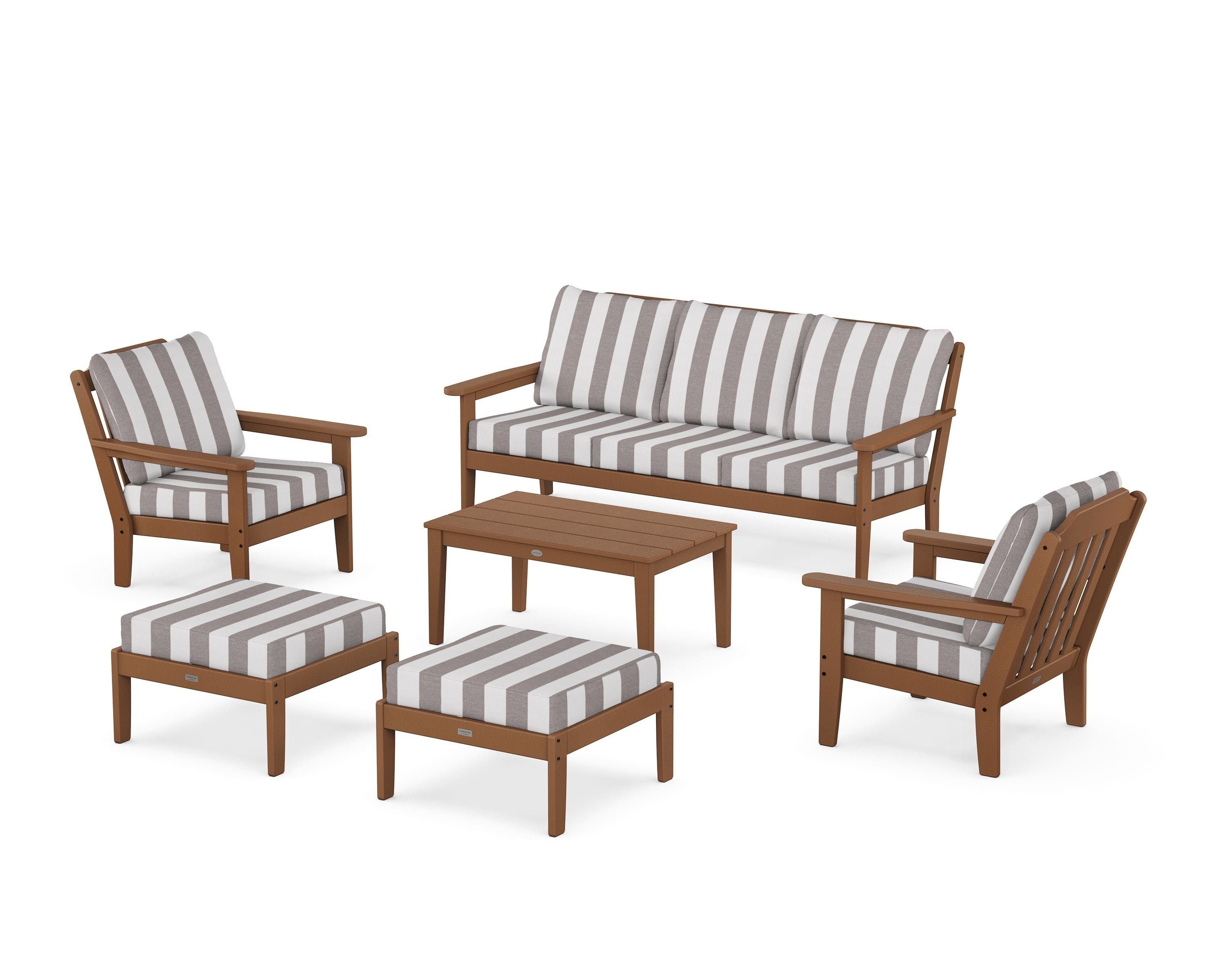 Country Living Cottage 6-Piece Lounge Sofa Set in Teak / Cabana Stripe Grey Mist