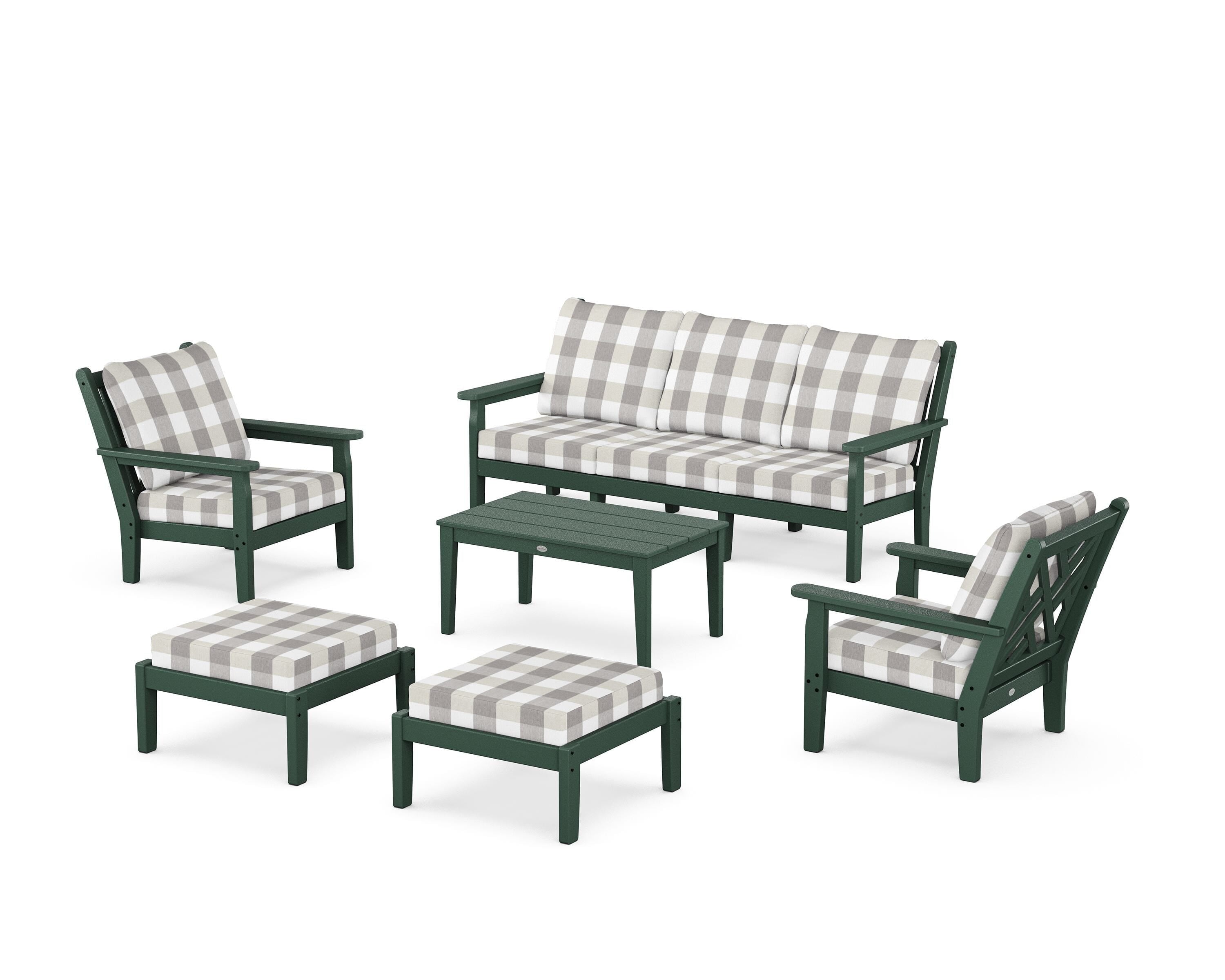 POLYWOOD® Chippendale 6-Piece Lounge Sofa Set in Green / Buffalo Plaid Grey Mist