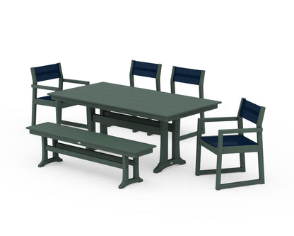 POLYWOOD® EDGE Sling 6-Piece Farmhouse Dining Set With Trestle Legs in Green / Navy Blue Sling
