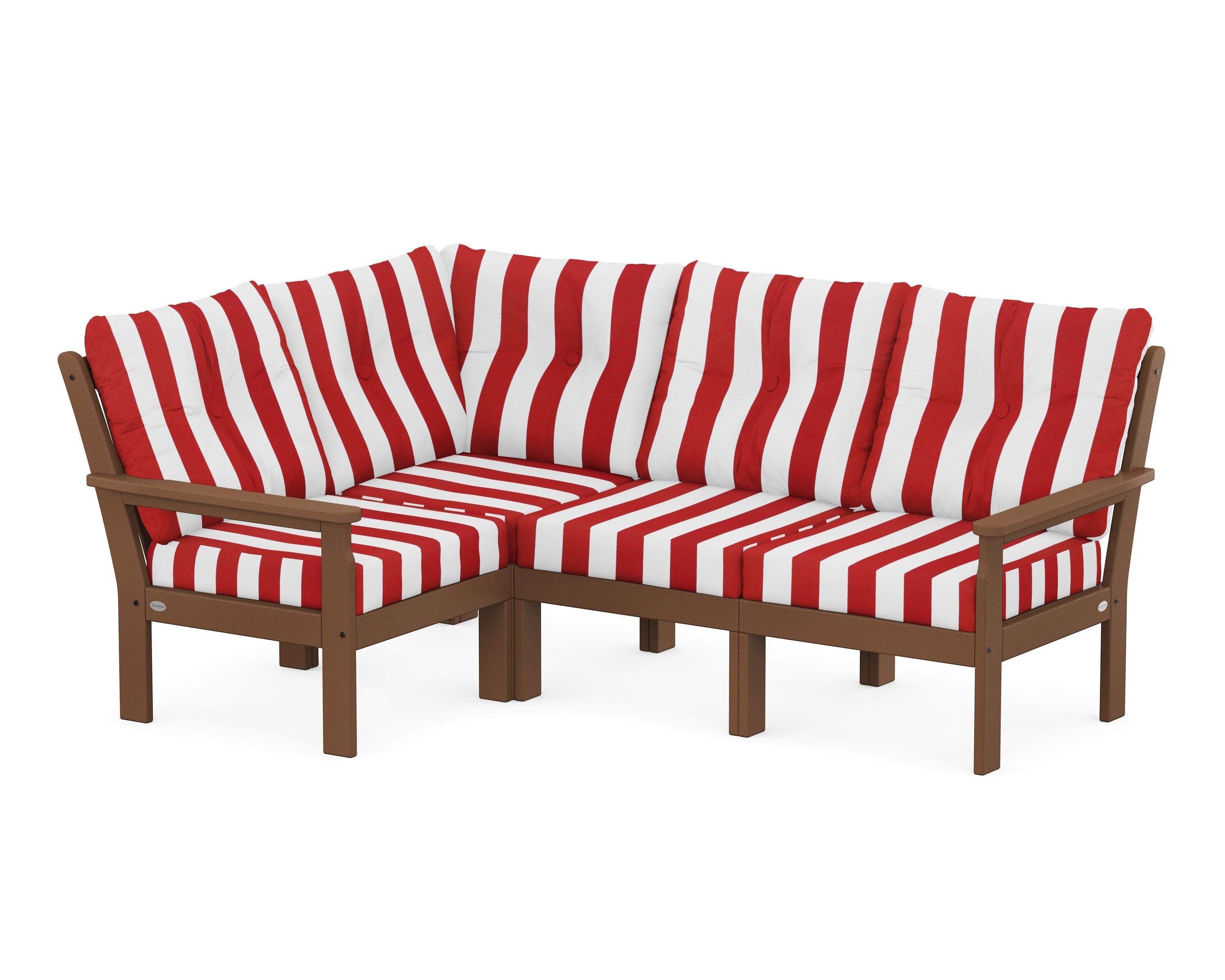 POLYWOOD® Vineyard 4-Piece Sectional in Teak / Cabana Stripe Crimson