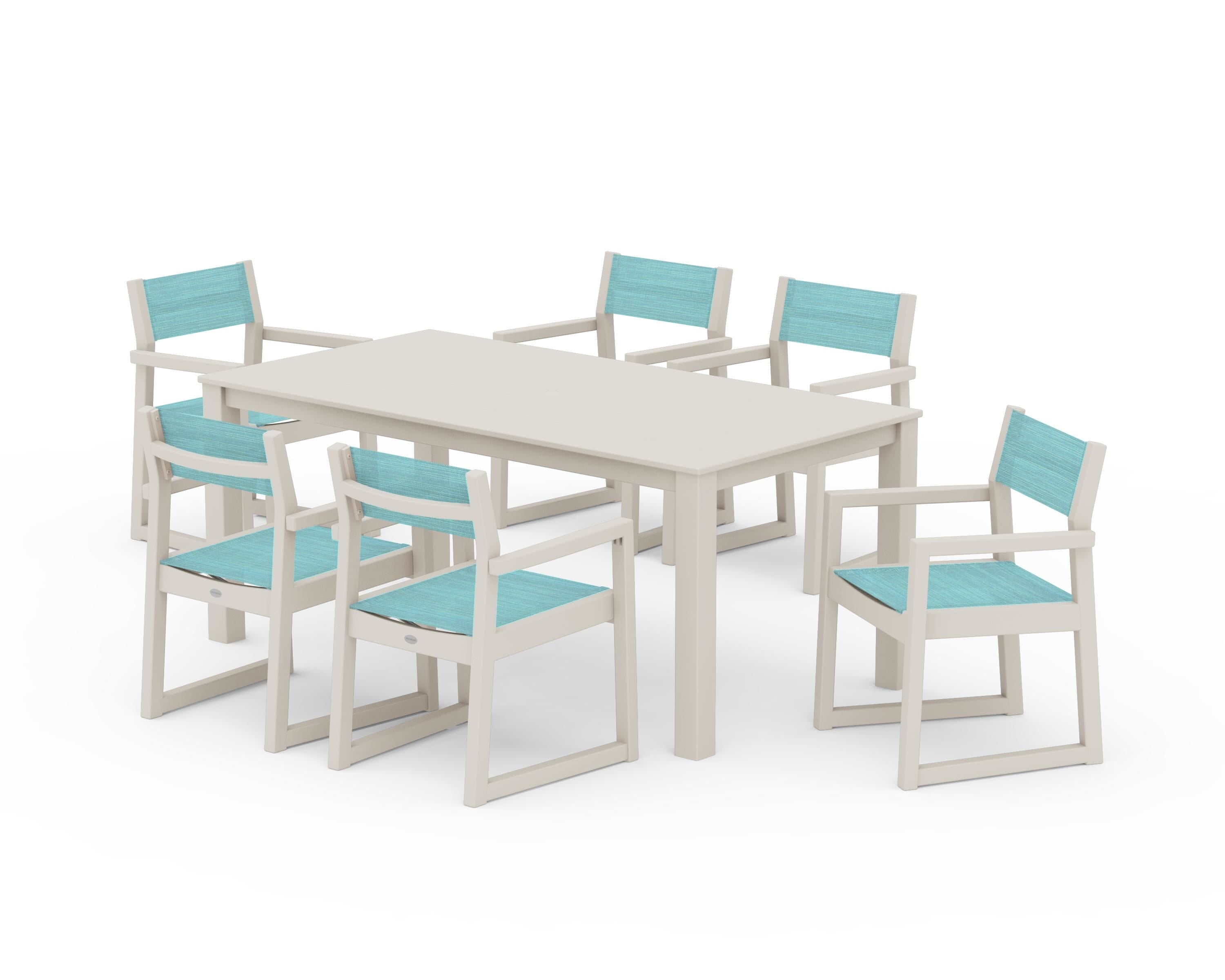 POLYWOOD® EDGE Sling Arm Chair 7-Piece Parsons Dining Set in Sand / Dupioni Aquamarine Sling