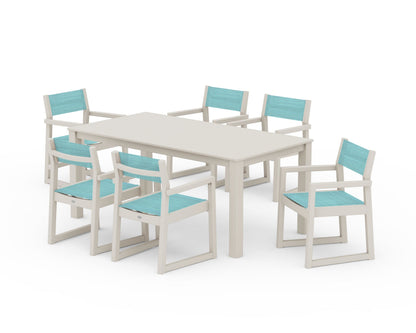 POLYWOOD® EDGE Sling Arm Chair 7-Piece Parsons Dining Set in Sand / Dupioni Aquamarine Sling