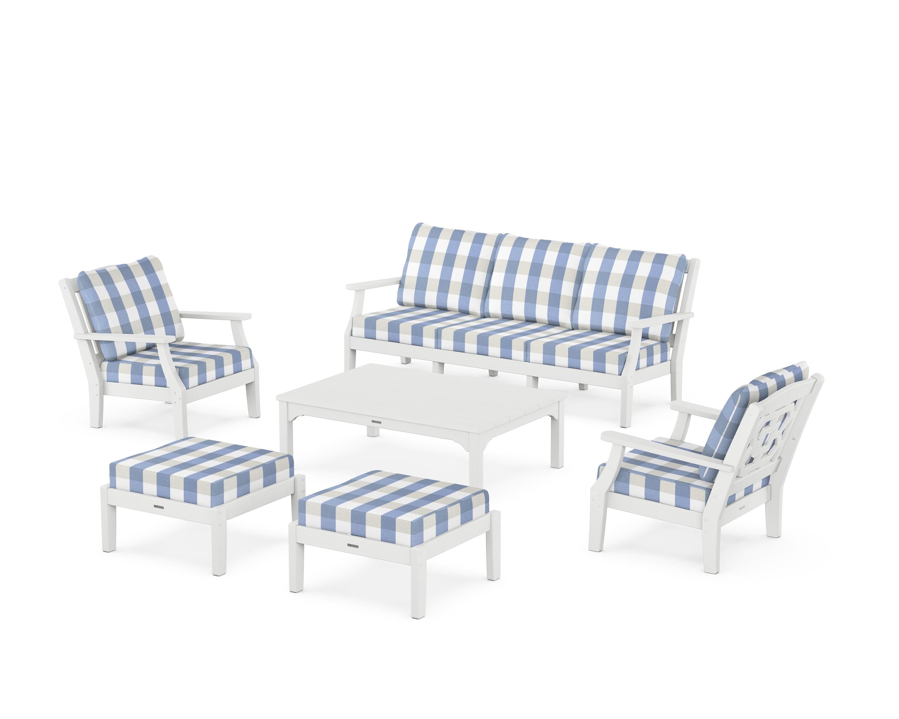 Martha Stewart by POLYWOOD® Chinoiserie 6-Piece Lounge Sofa Set in White / Buffalo Plaid Sky Blue