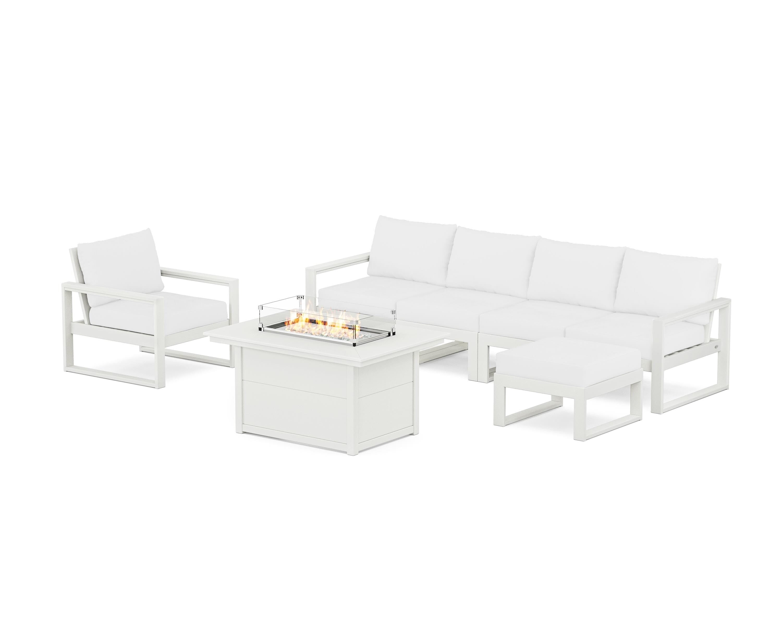 POLYWOOD® EDGE Sectional Lounge and Fire Pit Set in Vintage White / Natural