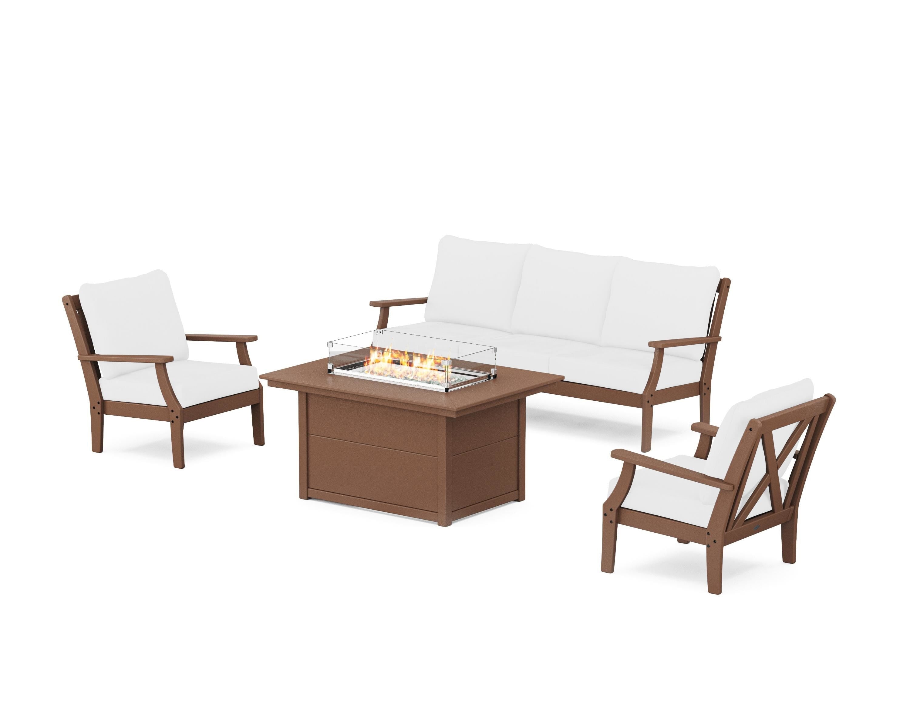 POLYWOOD® Braxton Deep Seating Fire Pit Table Set in Teak / Natural