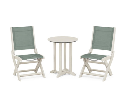 POLYWOOD® Coastal Folding Side Chair 3-Piece Round Bistro Dining Set in Sand / Dupioni Sea Mist Sling