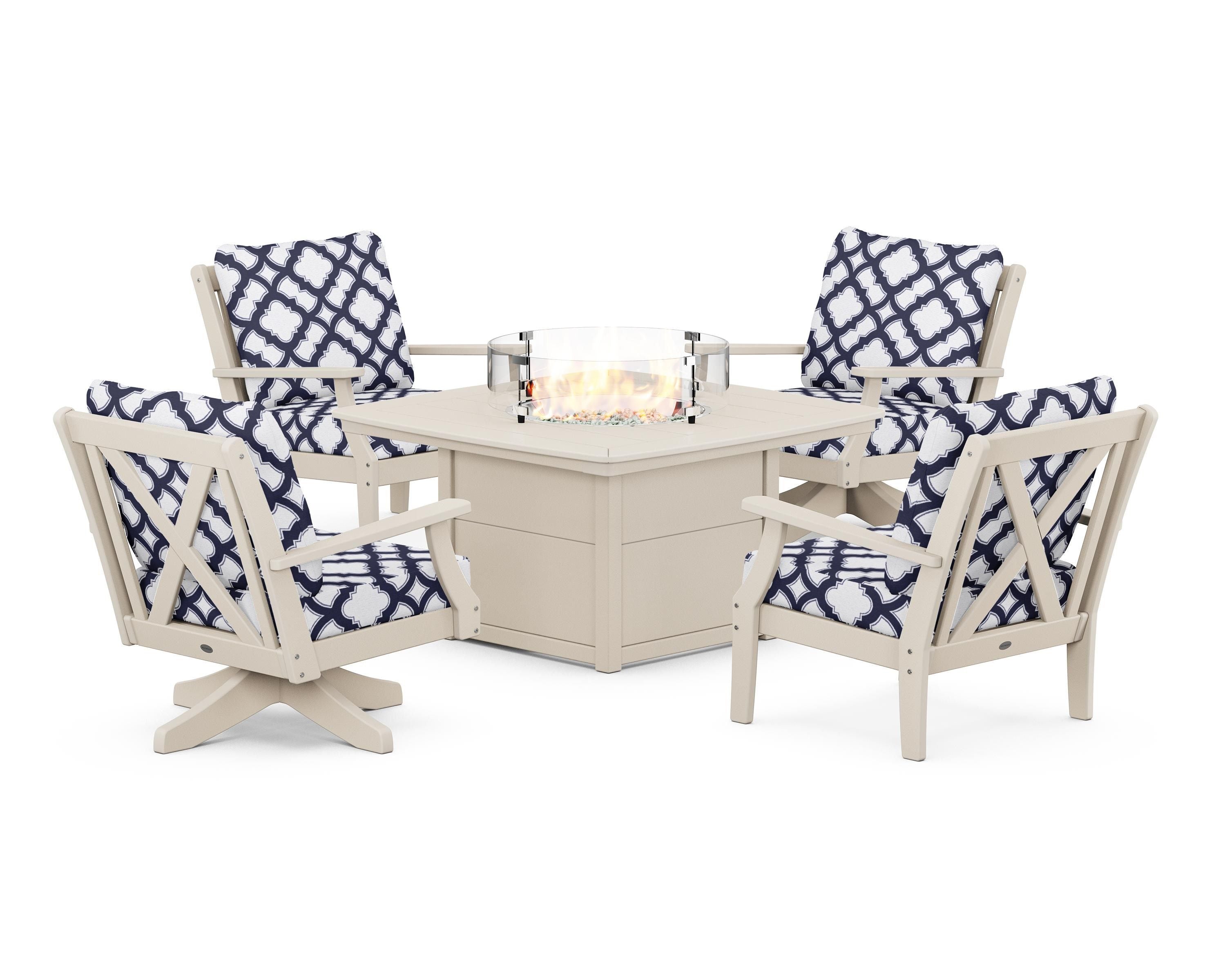 POLYWOOD® Braxton 5-Piece Deep Seating Set with Fire Table in Sand / Trellis Navy