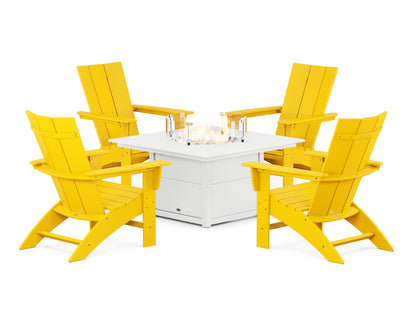 POLYWOOD® Modern Curveback Adirondack 5-Piece Conversation Set with Fire Pit Table in Lemon / White