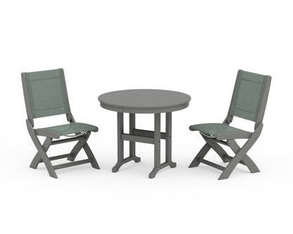 POLYWOOD® Coastal Folding Side Chair 3-Piece Round Dining Set in Slate Grey / Dupioni Sea Mist Sling