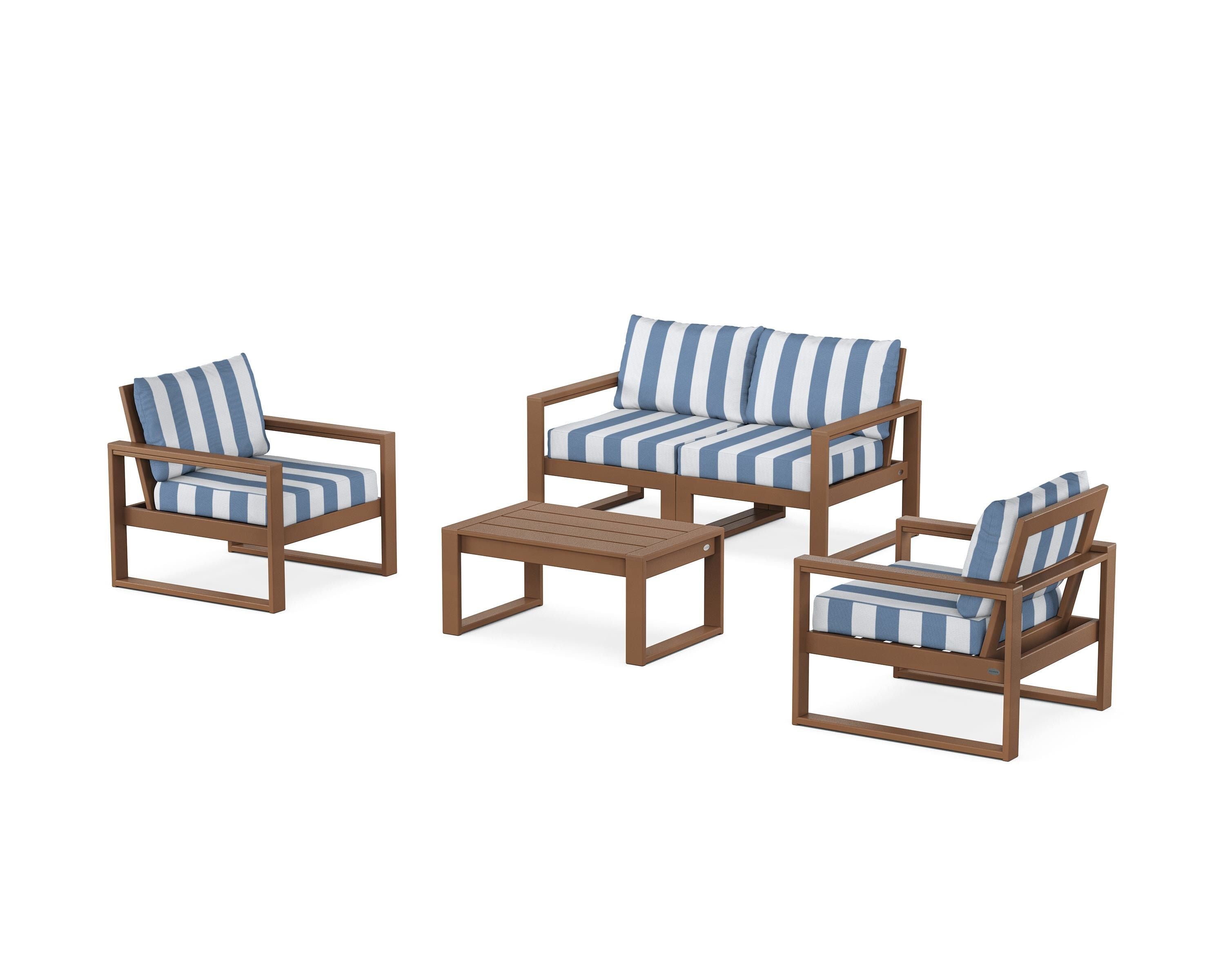 POLYWOOD® EDGE Sectional 4-Piece Deep Seating Set with Loveseat in Teak / Cabana Stripe Sky Blue