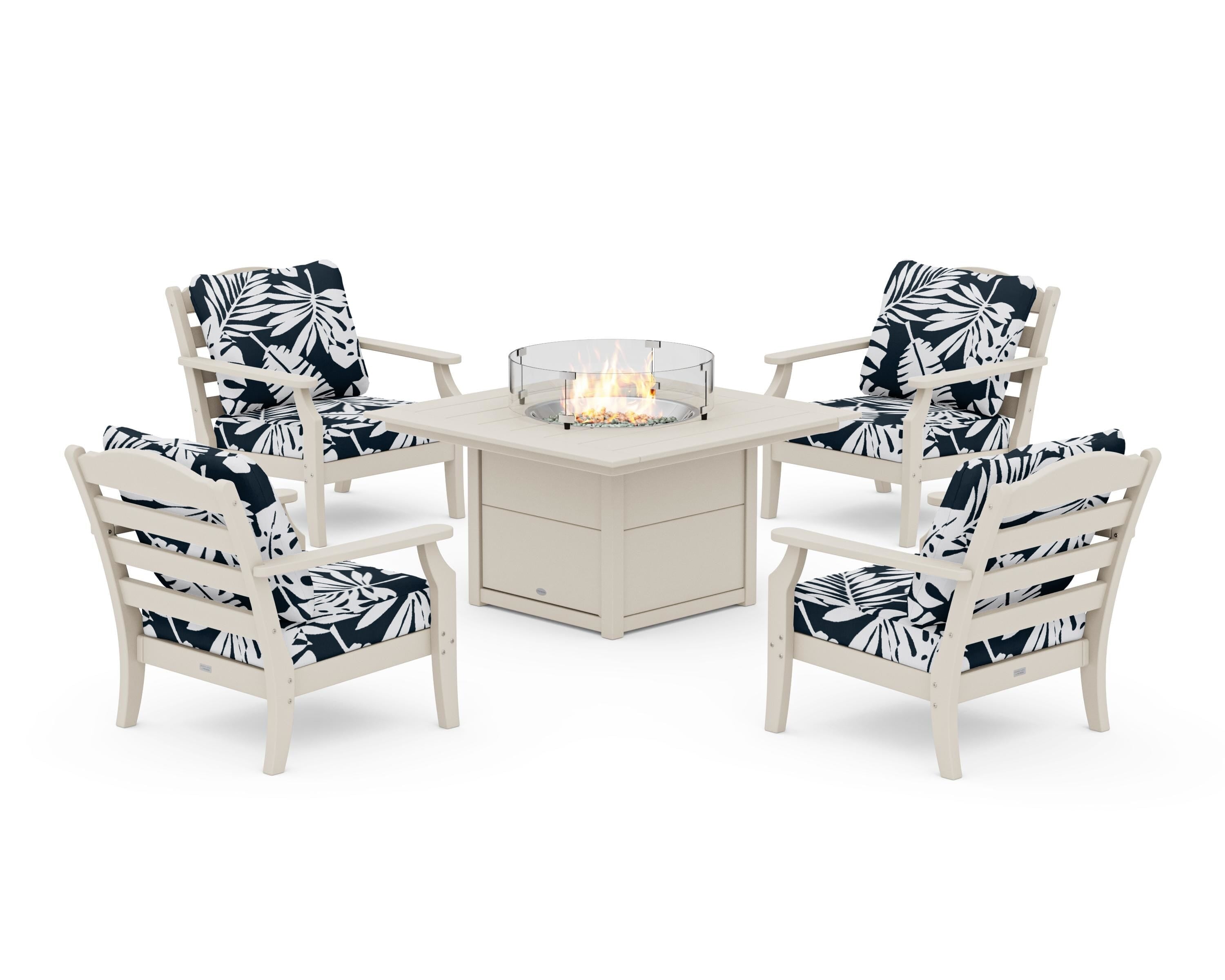 Draper James™ by  POLYWOOD® Savannah 5-Piece Deep Seating Set with Fire Pit Table in Sand / Leaf Marine Indigo