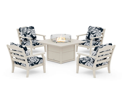 Draper James™ by  POLYWOOD® Savannah 5-Piece Deep Seating Set with Fire Pit Table in Sand / Leaf Marine Indigo